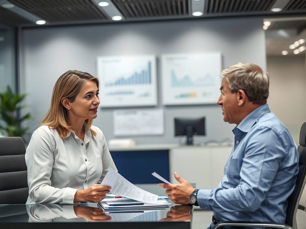 Два человека обсуждают документы в современном офисе, за ним видно графики на стене.