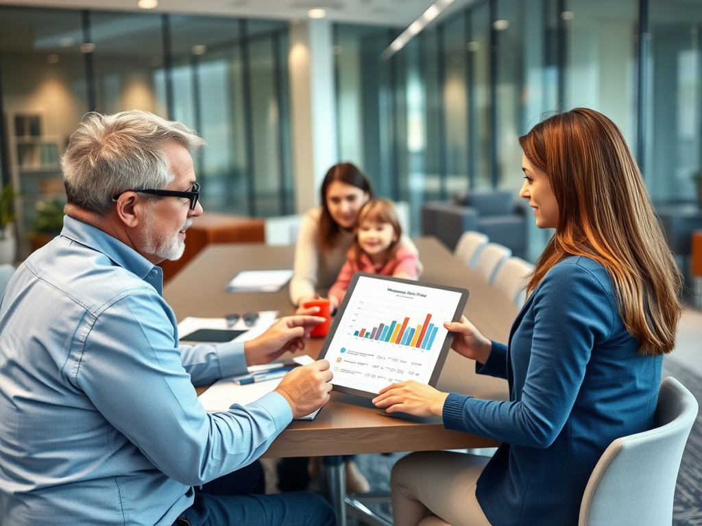 Как рассчитать сумму ипотеки и ежемесячный платеж? Встреча в офисе: мужчина обсуждает графики с женщиной; присутствуют две другие женщины и ребенок.