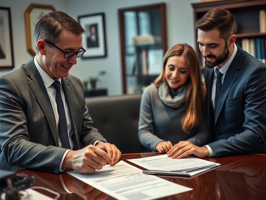 Покупка квартиры с использованием жилищных сертификатов Трое людей в деловых костюмах сидят за столом, обсуждая и подписывая документы в офисе.