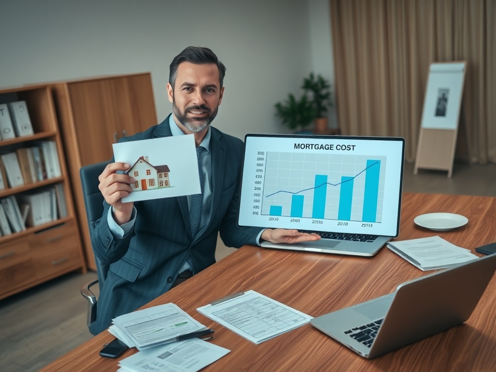 Человек в костюме показывает модель дома и график стоимости ипотеки на компьютере. Офисная обстановка.