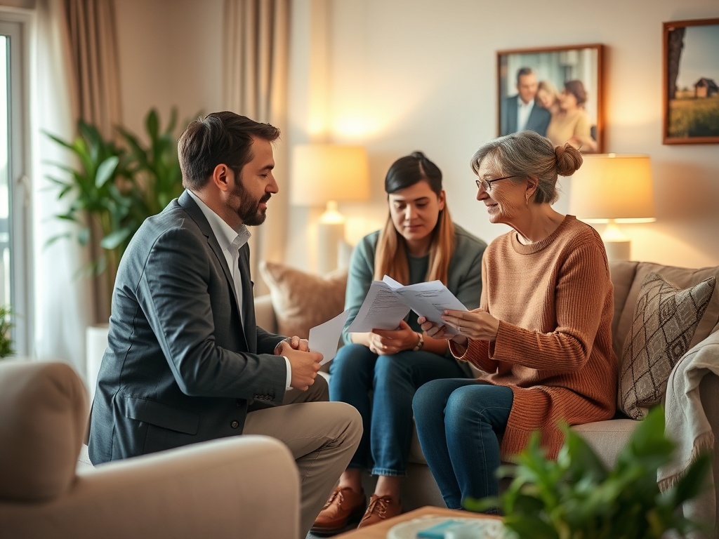 Ипотека в России в 2026 году Трое людей беседуют на диване, обсуждая документы в уютной комнате с мягким светом.