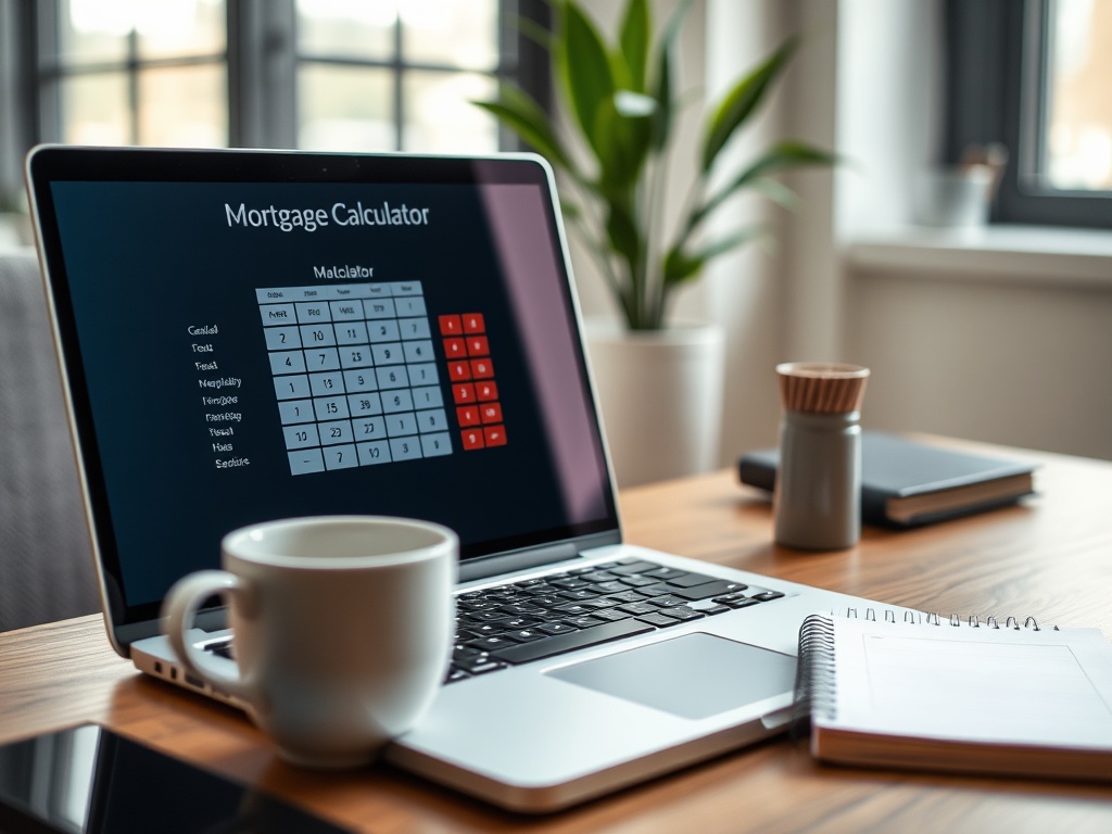 Ипотека в России в 2026 году На экране ноутбука отображается калькулятор ипотеки в современном офисе с растениями и канцелярией.