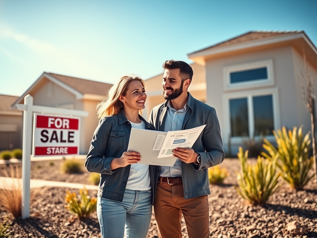 Как выбрать ипотеку в 2026 году: процентные ставки, подводные камни и советы заемщику Пара стоит перед домом с вывеской "Продается", рассматривая документы с улыбкой. Солнечная погода.
