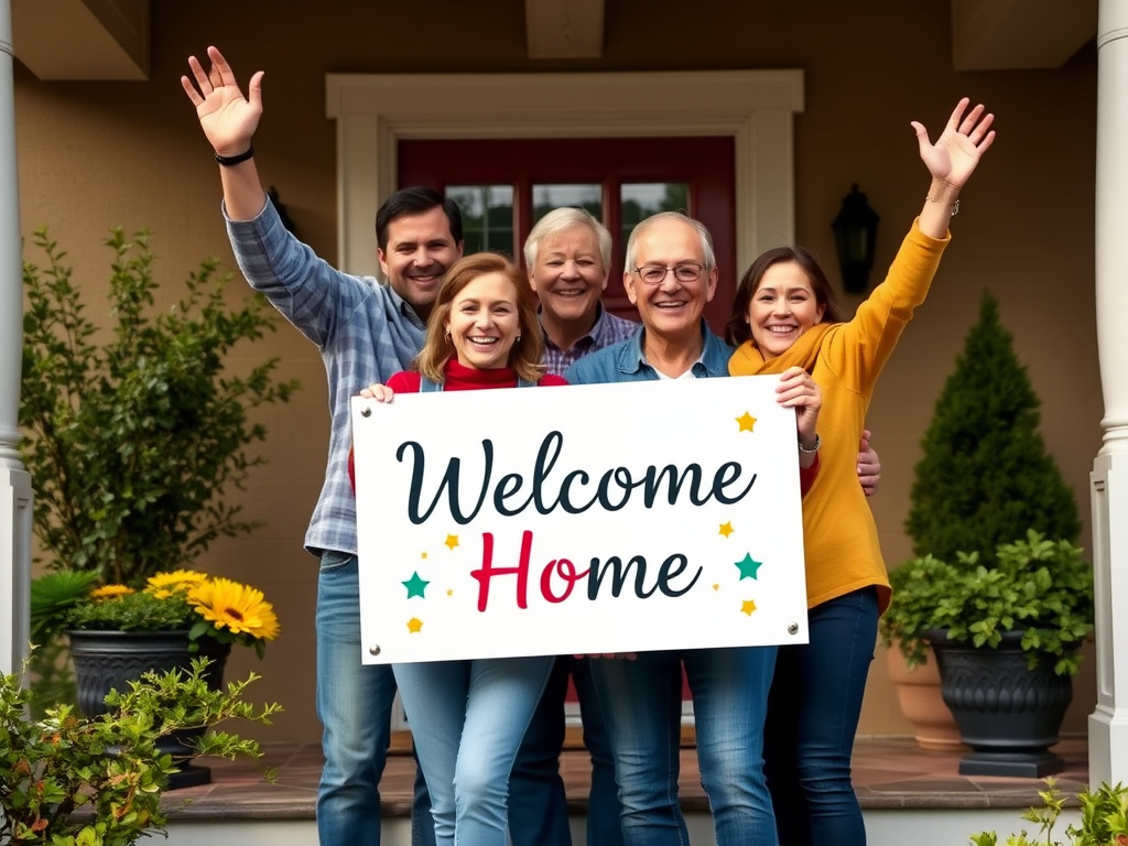 Счастливая семья позирует у двери с табличкой "Добро пожаловать домой", улыбаясь и поднимая руки.