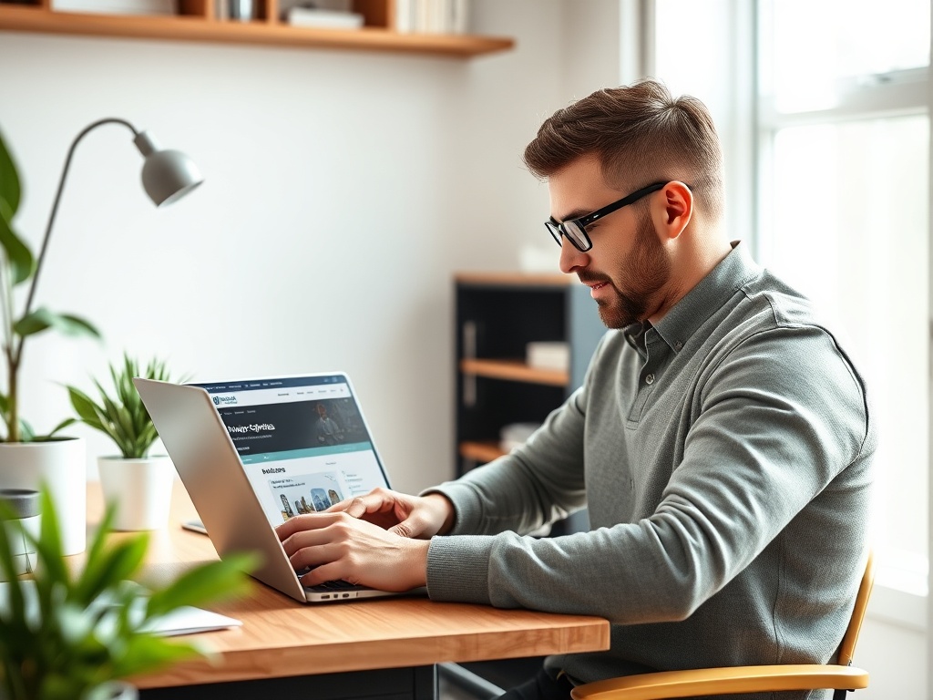 Ипотека с господдержкой: кто может получить и как оформить Молодой человек в свитере работает за ноутбуком на столе, окружённом растениями и уютным интерьером.