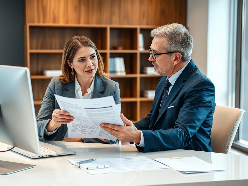 В офисе мужчина и женщина обсуждают документы, сидя за столом у компьютера.