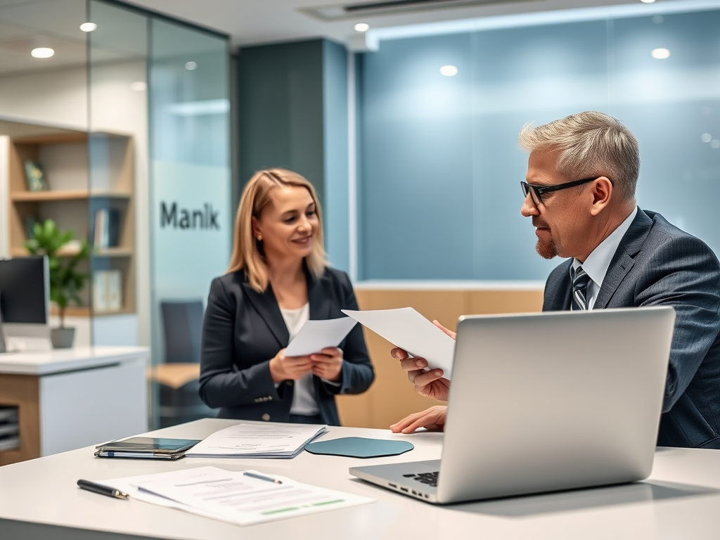 Два человека в офисе обсуждают документы, сидя за столом с ноутбуком и бумагами. 气氛轻松愉快。