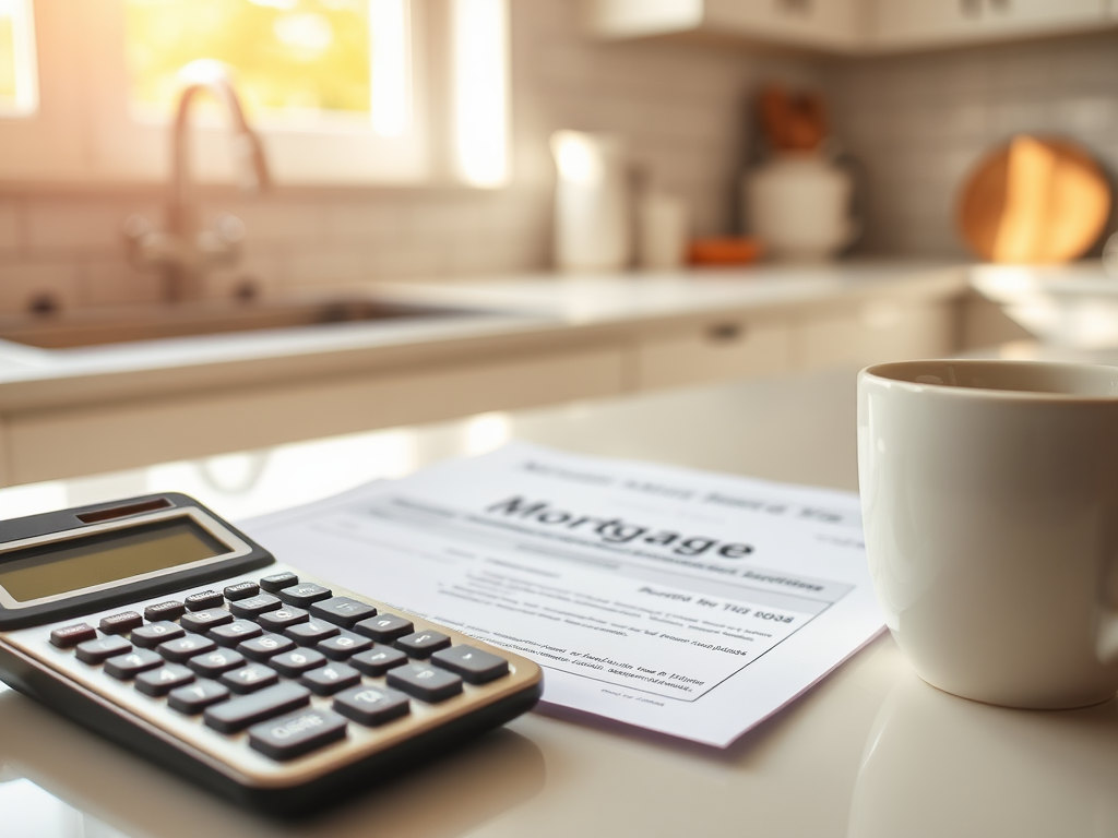Как рассчитать сумму ипотеки и ежемесячный платеж? На столе лежит ипотечный договор, калькулятор и чашка кофе в светлой кухне.