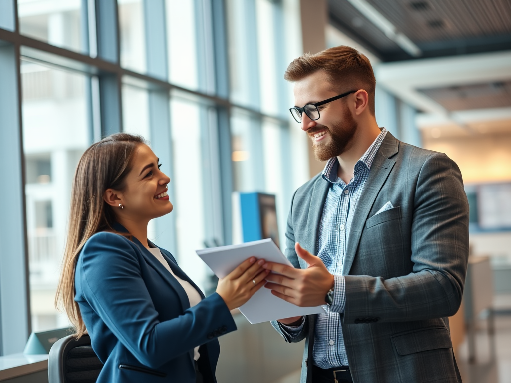 Что такое субсидированная ипотека: преимущества для заемщиков Два человека в деловой одежде, улыбаются и общаются в офисе. Солнечный свет через окна.