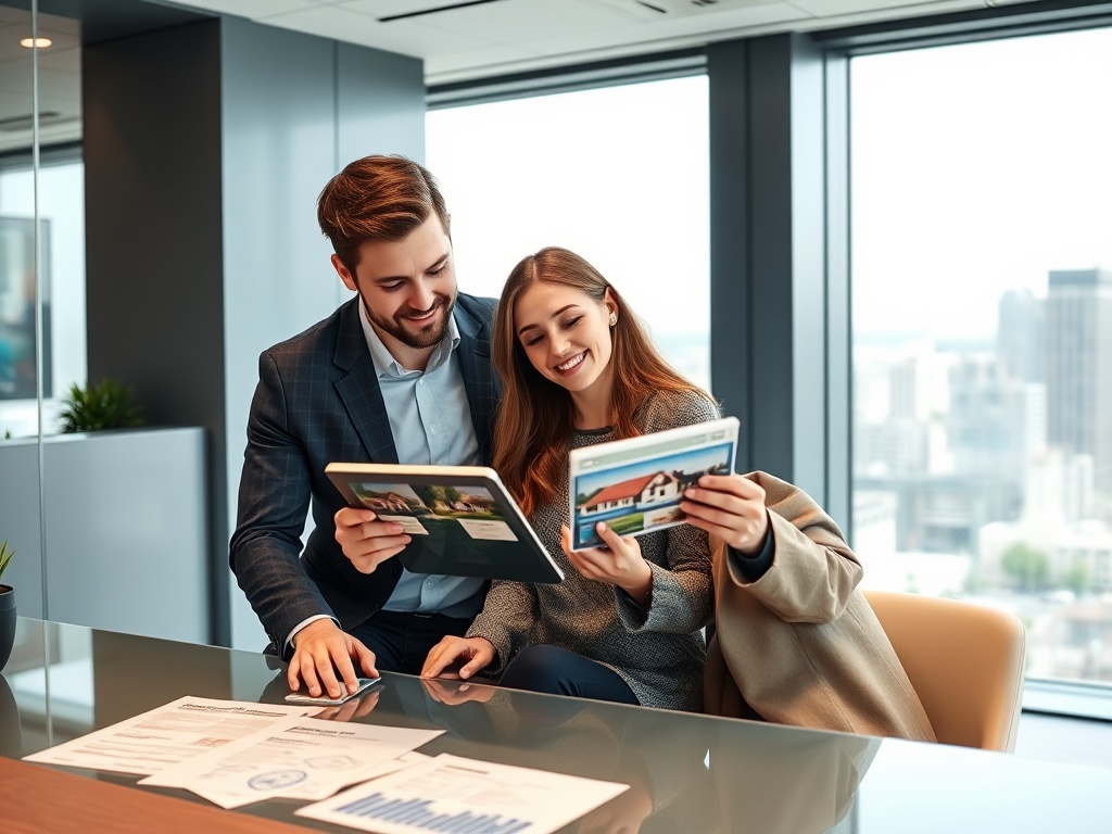 Ипотека с господдержкой: кто может получить и как оформить Два человека смотрят на фото и обсуждают планы, сидя за столом в офисе с городским пейзажем за окном.