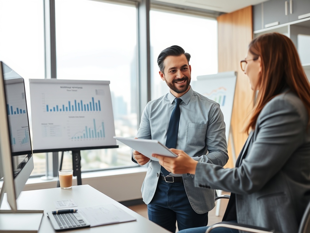 Как выбрать ипотеку в 2026 году: процентные ставки, подводные камни и советы заемщику Два человека обсуждают данные в офисе, на экранах графики и диаграммы, атмосфера сотрудничества.