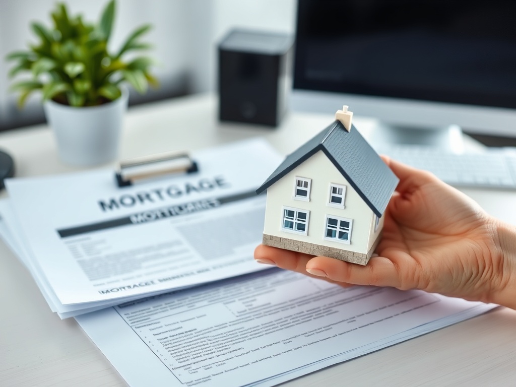 Виды ипотечных кредитов Модель дома в руке на фоне документов о ипотеке и офисной техники.