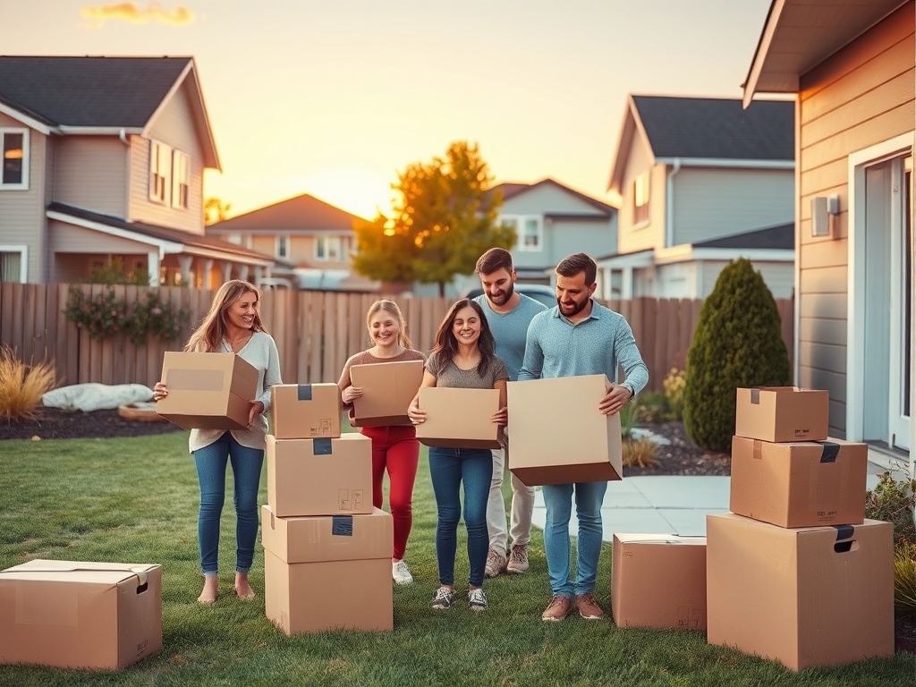 Группа людей с коробками на фоне домов, наслаждаясь закатом в уютном районе.
