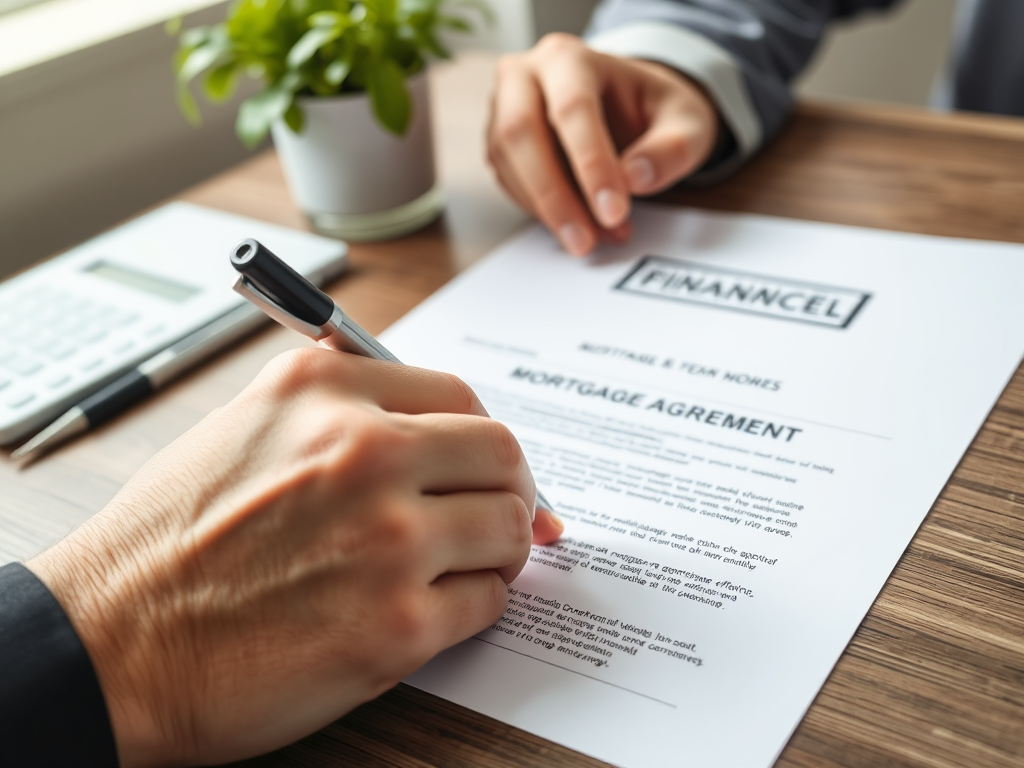 Ипотека под низкий процент: миф или реальность? Человек подписывает ипотечное соглашение с документами на деревянном столе и калькулятором.