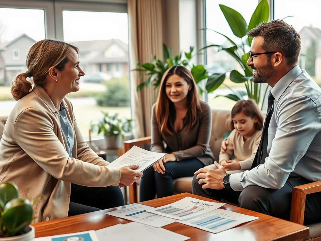 Как получить ипотеку для покупки квартиры в деревне: редкие программы и условия На встрече обсуждаются документы, присутствуют четыре человека, украшение — зеленые растения.