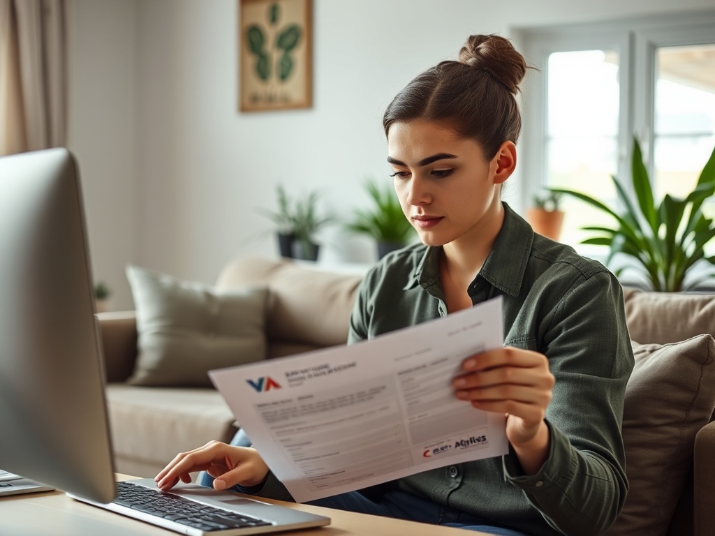 Молодая женщина сидит за компьютером, читая документ, с зелеными растениями на заднем плане.