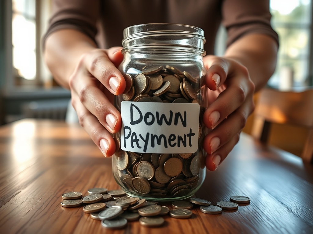 Банка с деньгами для первоначального взноса, рука держит ее на деревянном столе.