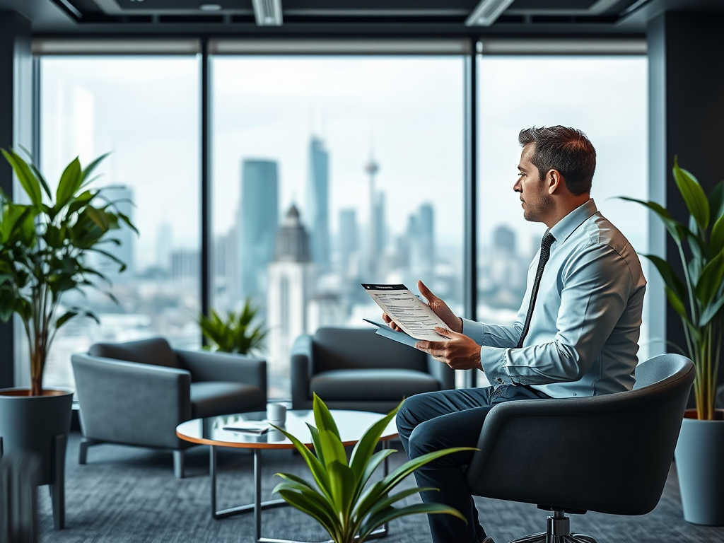 Виды ипотечных кредитов: что выбрать? Человек в офисе смотрит в окно, держа планшет с документами, на фоне городского пейзажа.