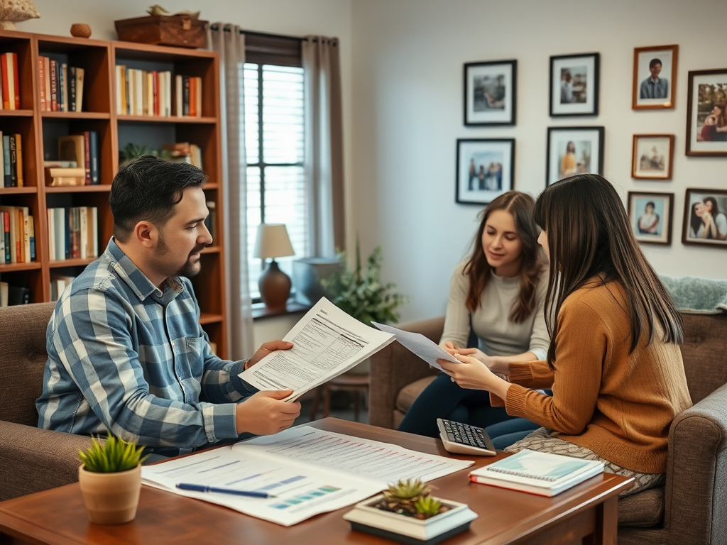 Ипотека под низкий процент: миф или реальность? На изображении три человека обсуждают документы в уютной комнате с книгами на полках.