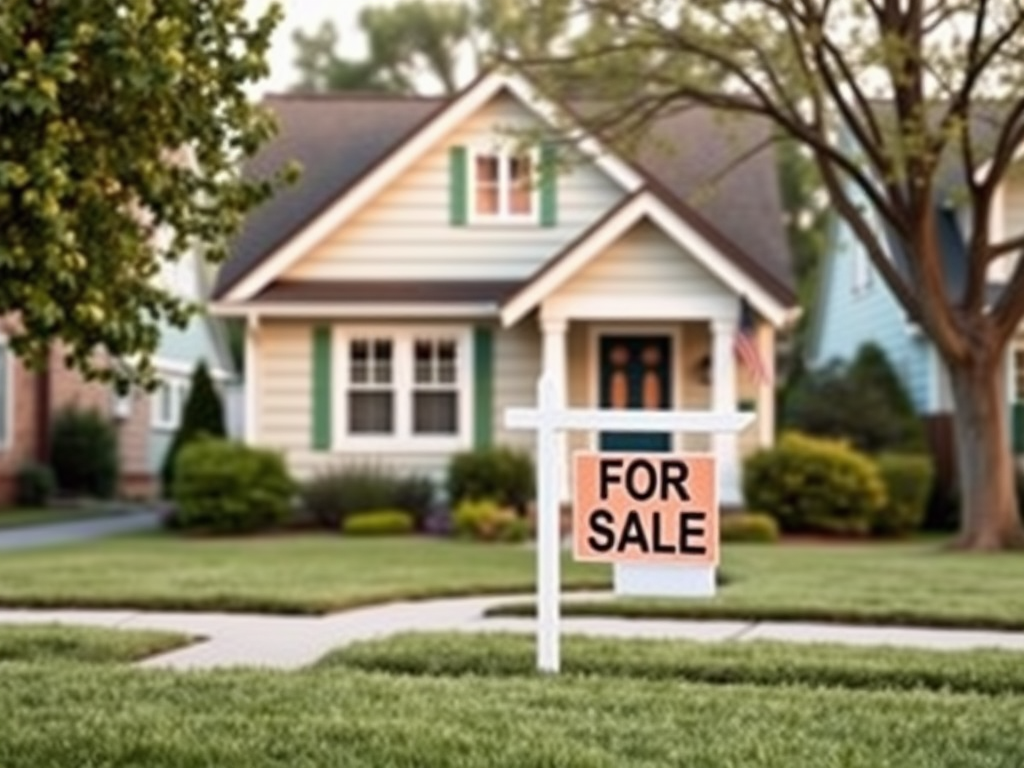 На переднем плане дом с табличкой "Продается". Озелененная территория и ухоженный ландшафт вокруг.