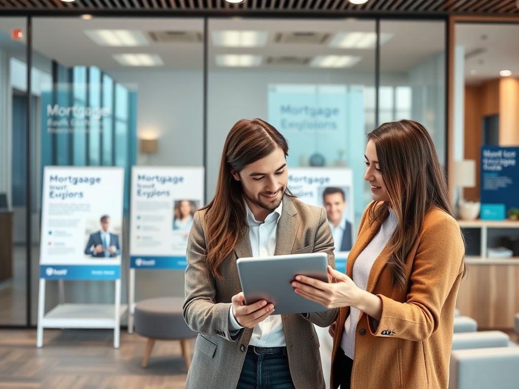 Ипотека для работников с сезонной загрузкой Два человека обсуждают информацию на планшете в офисе, на фоне рекламные стенды по ипотечным кредитам.