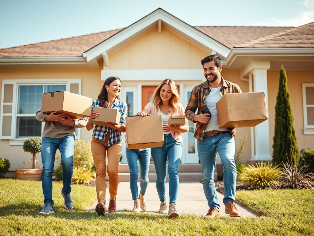 Виды ипотечных кредитов: что выбрать? Группа из пяти человек с коробками идет к дому под ярким солнцем, улыбаются и общаются друг с другом.