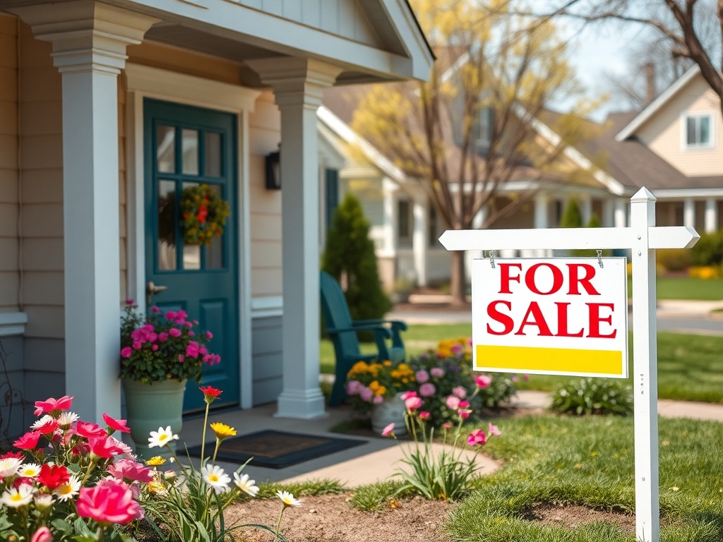 На переднем плане дом с вывеской "Продается", окруженный яркими цветами и ухоженным газоном.
