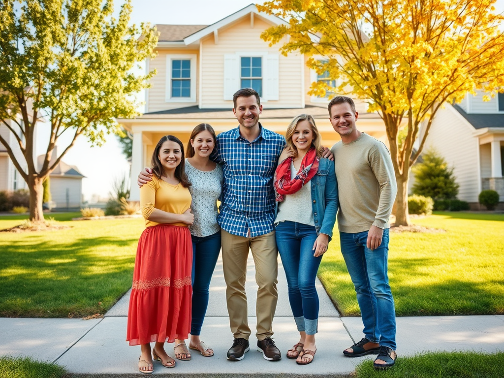 Группа людей стоит на улице перед домом с зелеными деревьями и желтыми листьями. Улыбаются и веселятся.