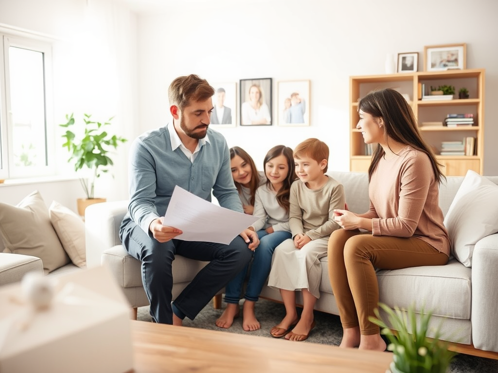 Семья обсуждает что-то важное на диване. Дети внимательно слушают взрослого и смотрят на листок бумаги.