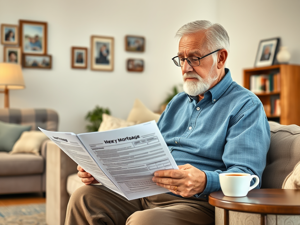 Как получить ипотеку в возрасте 60 лет: особенности кредитования для пожилых людей Старший мужчина в очках читает документы о ипотеке, сидя на диване с чашкой кофе рядом.