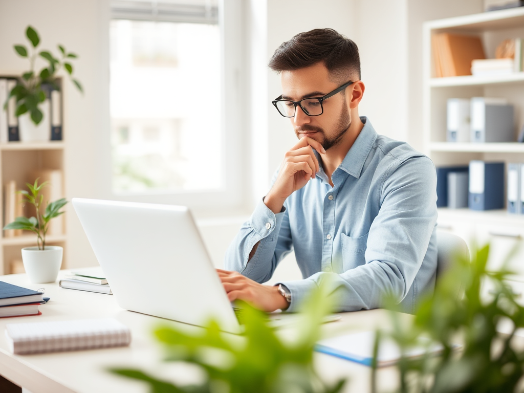 Молодой человек сидит за столом и работает на ноутбуке, задумавшись, в светлом офисе с растениями.