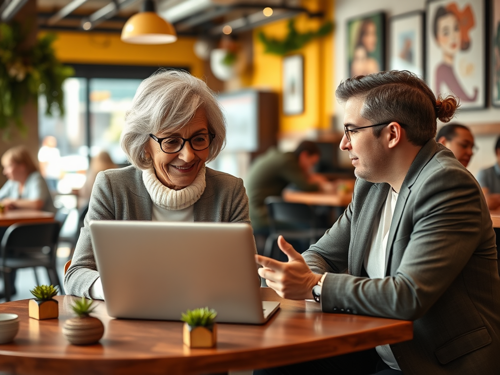 Как получить ипотеку в возрасте 60 лет: особенности кредитования для пожилых людей Пожилая женщина и молодой человек обсуждают что-то за ноутбуком в кафе, оба улыбаются и engaged.