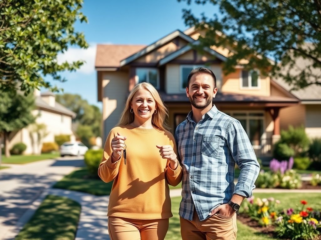Ипотека для молодых семей: какие есть льготы? Два человека стоят перед домом, улыбаясь и держа ключи, на фоне зелени и цветников.