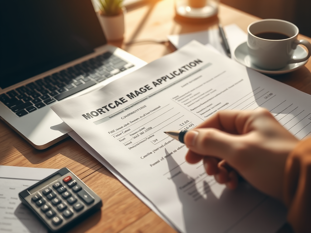 Как получить ипотеку для покупки квартиры в деревне: редкие программы и условия Заявление на ипотеку на столе рядом с ноутбуком, калькулятором и чашкой кофе. Рука заполняет форму.