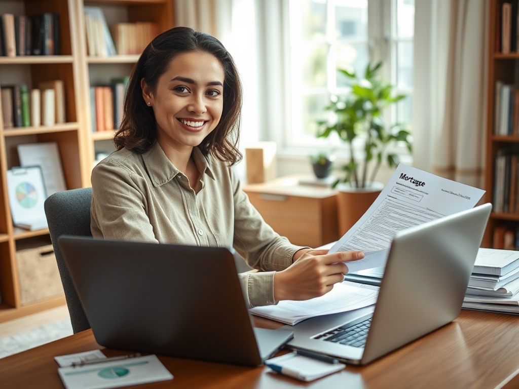Ипотека для работников с сезонной загрузкой На изображении улыбающаяся женщина, работающая в офисе, с документами и ноутбуком на столе.