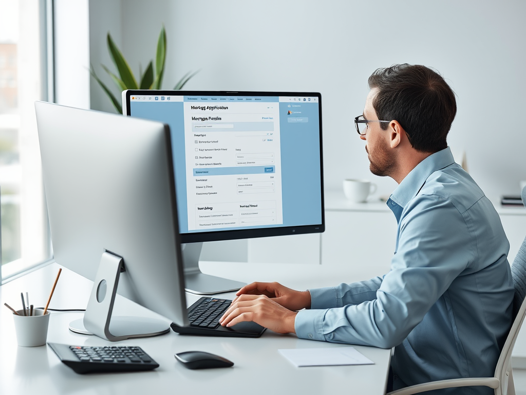 Мужчина работает за компьютером, заполняя анкету на экране в светлом офисе. Рядом стоит чашка.